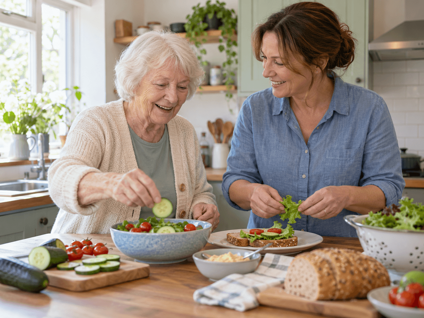 An older adult and support worker preparing a meal together at home