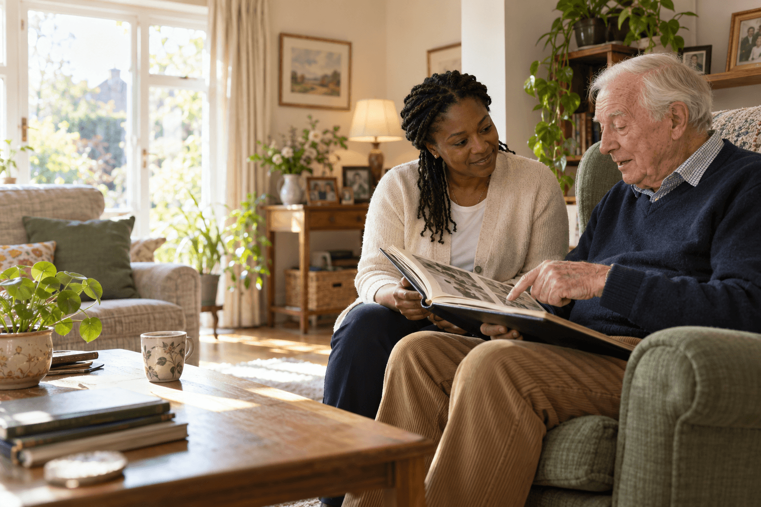 A care worker and an older man sharing a photo album at home